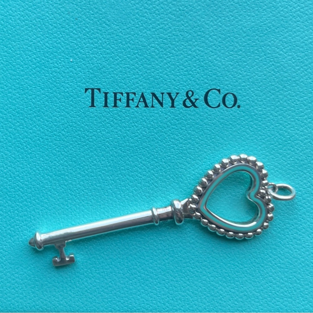 RARE Retired Tiffany & Co. Blue Enamel Open Heart Key Pendant - Picture 6 of 7